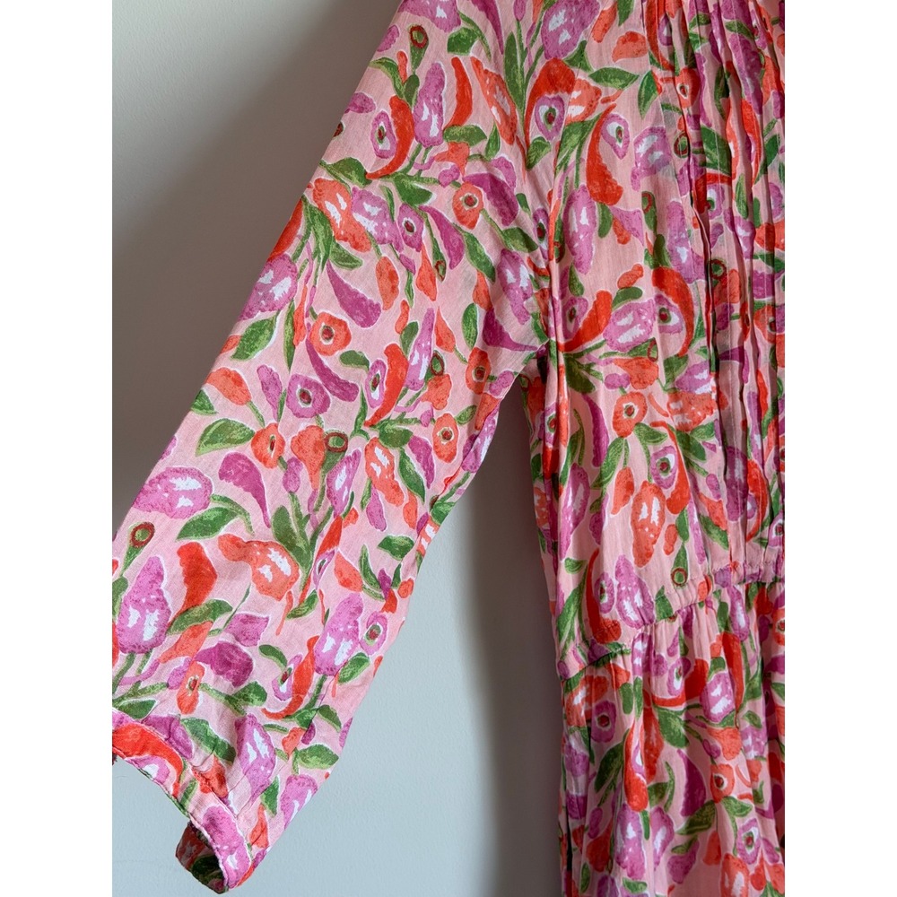 Banjanan Midi Dress Womens XS Pink Floral Cotton Pintuck Tiered Boho - Picture 7 of 9